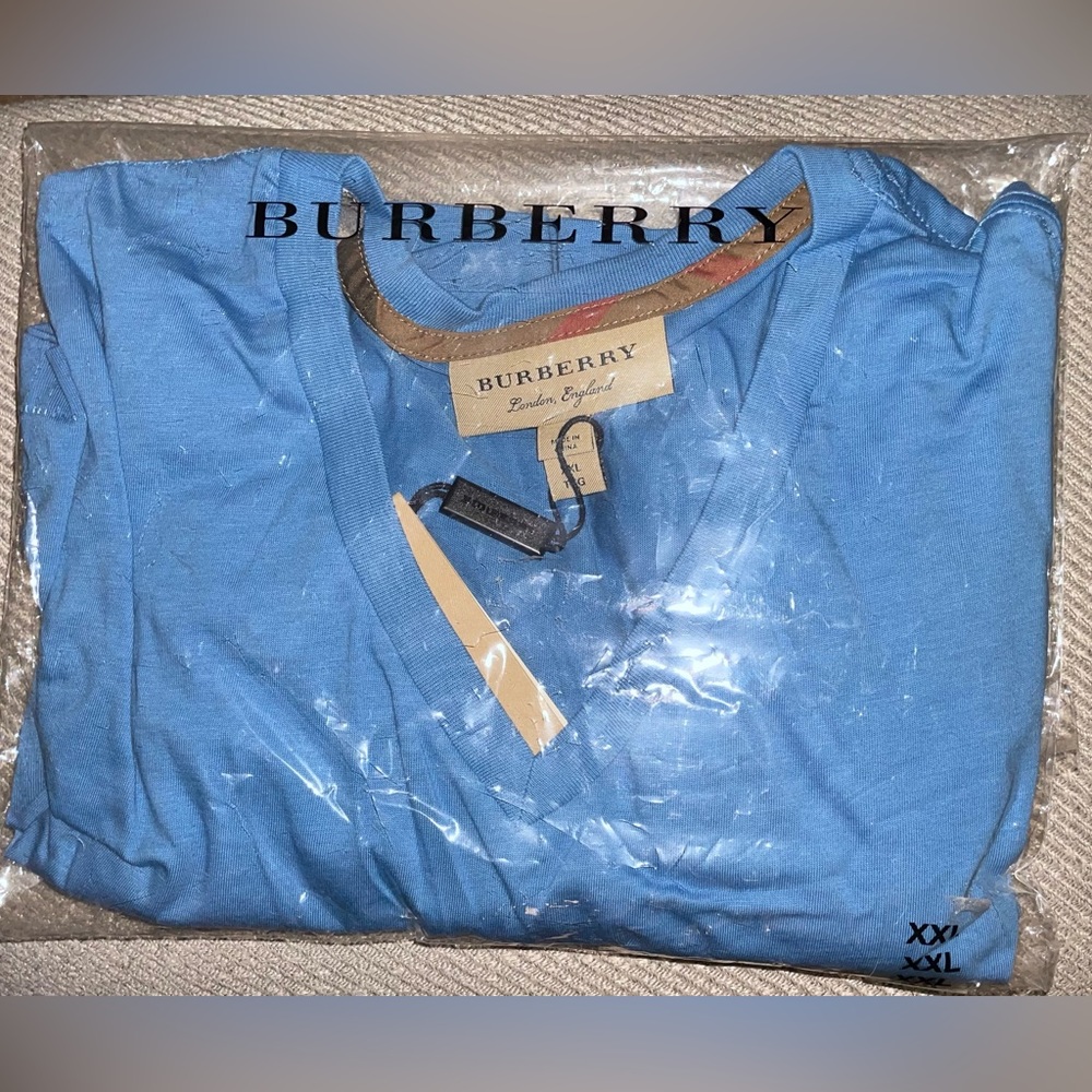 🎉HP🎉New! Burberry Mens V Neck Embroidered Shirt Size XXL m Light Azure Blue👕 - Picture 5 of 9